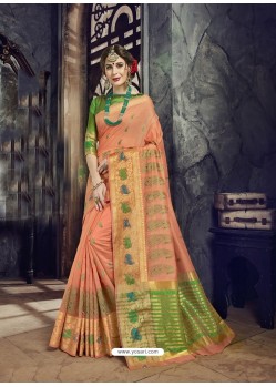Light Orange Embroidered Designer Cotton Silk Saree