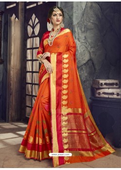Orange Embroidered Designer Cotton Silk Saree