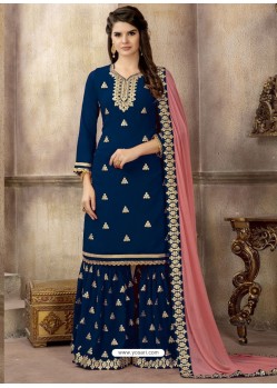 Peacock Blue Embroidered Faux Georgette Designer Palazzo Suit