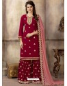 Red Embroidered Faux Georgette Designer Palazzo Suit