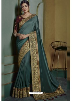 Tealblue Embroidered Art Silk Designer Saree