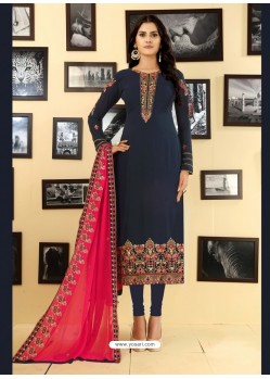 Navy Blue Georgette Designer Embroidered Churidar Suit