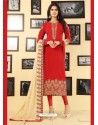 Red Georgette Designer Embroidered Churidar Suit