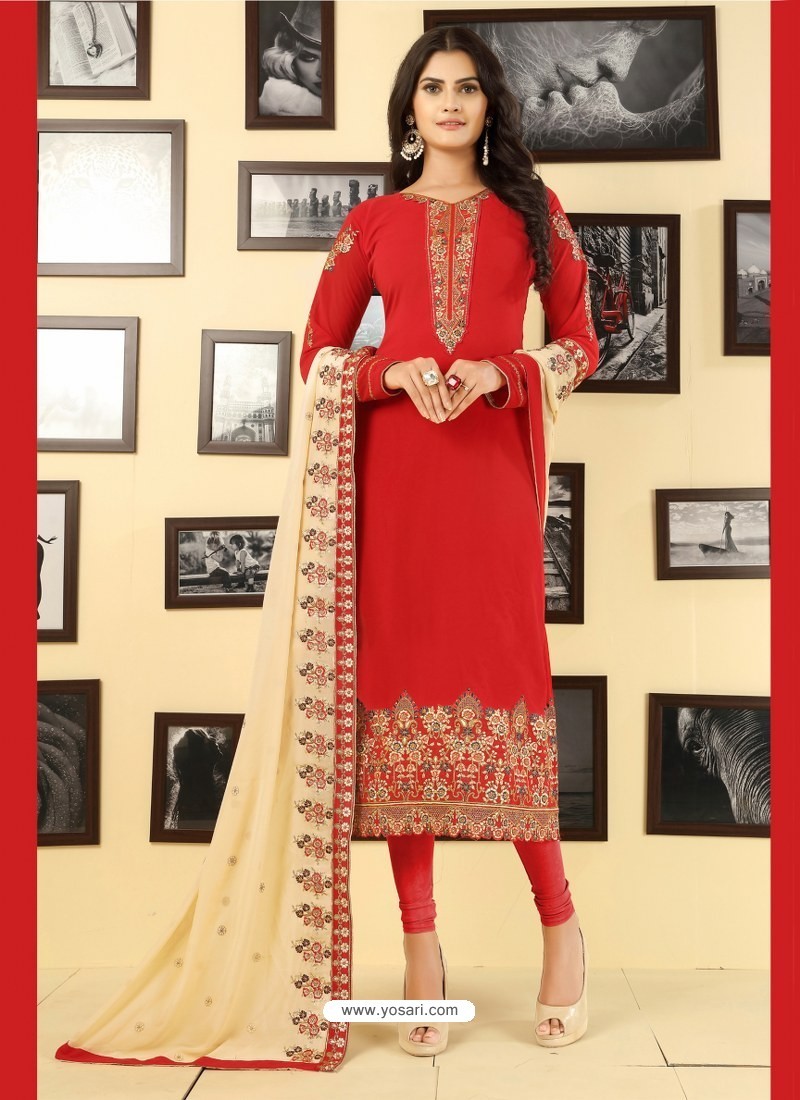 Buy Red Georgette Designer Embroidered Churidar Suit | Churidar Salwar ...