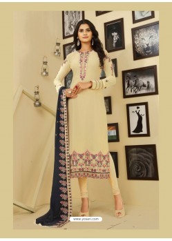 Cream Georgette Designer Embroidered Churidar Suit