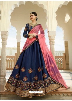 Navy Blue Silk Embroidered Designer Lehenga Choli