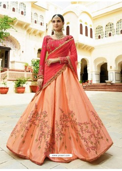 Light Orange And Fuchsia Silk Embroidered Designer Lehenga Choli