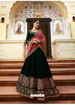 Designer Dark Green Velvet Embroidered Lehenga Choli