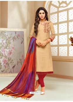 Beige Cotton Silk Embroidered Churidar Suit