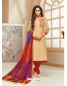 Beige Cotton Silk Embroidered Churidar Suit