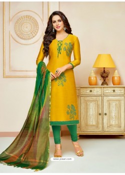 Mustard Cotton Silk Embroidered Churidar Suit