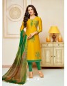 Mustard Cotton Silk Embroidered Churidar Suit