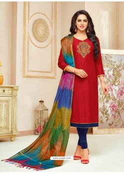 Maroon Cotton Silk Embroidered Churidar Suit