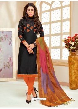 Black Cotton Silk Embroidered Churidar Suit