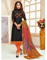 Black Cotton Silk Embroidered Churidar Suit