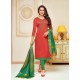 Tomato Red Cotton Silk Embroidered Churidar Suit