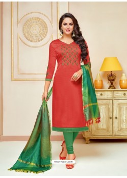 Tomato Red Cotton Silk Embroidered Churidar Suit