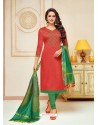 Tomato Red Cotton Silk Embroidered Churidar Suit