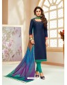 Navy Blue Cotton Silk Embroidered Churidar Suit