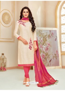 Off White Cotton Silk Embroidered Churidar Suit