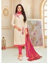 Off White Cotton Silk Embroidered Churidar Suit