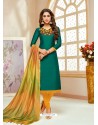 Dark Green Cotton Silk Embroidered Churidar Suit