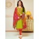 Parrot Green Cotton Silk Embroidered Churidar Suit