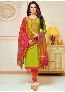 Parrot Green Cotton Silk Embroidered Churidar Suit