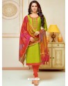 Parrot Green Cotton Silk Embroidered Churidar Suit