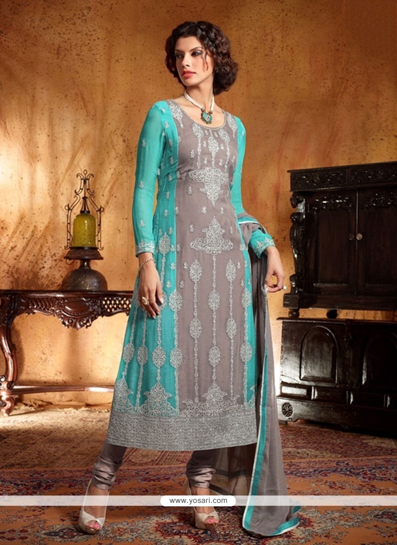 Turquoise Blue And Grey Georgette Churidar Suit
