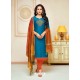 Tealblue Cotton Silk Embroidered Churidar Suit