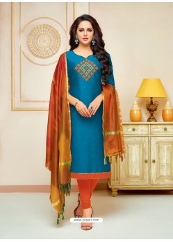 Tealblue Cotton Silk Embroidered Churidar Suit