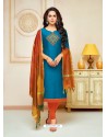 Tealblue Cotton Silk Embroidered Churidar Suit