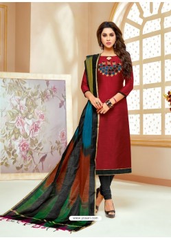 Beautiful Maroon Cotton Silk Embroidered Churidar Suit