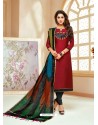 Beautiful Maroon Cotton Silk Embroidered Churidar Suit