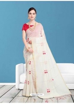 White Chanderi Embroidered Designer Saree