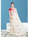 White Chanderi Embroidered Designer Saree