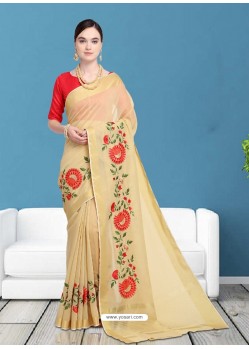 Beige Chanderi Embroidered Designer Saree