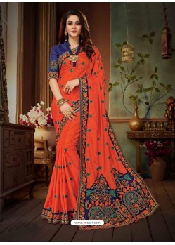 Orange Sana Silk Heavy Embroidery Designer Saree