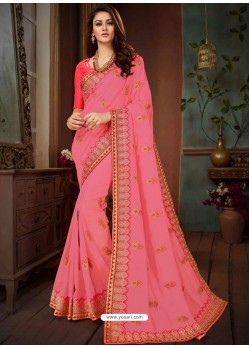 Hot Pink Vichitra Silk Heavy Embroidery Designer Saree
