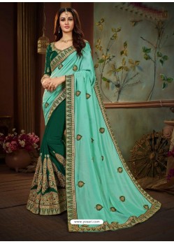 Aqua Mint And Green Vichitra Silk Heavy Embroidery Designer Saree