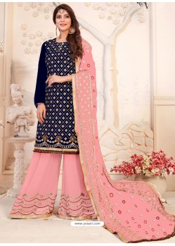 Navy Blue Embroidered Heavy Georgette Designer Palazzo Suit