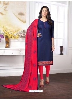 Navy Blue Cotton Embroidered Churidar Suit