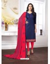 Navy Blue Cotton Embroidered Churidar Suit
