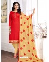 Red Cotton Embroidered Churidar Suit
