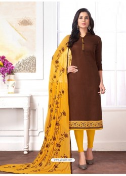 Coffee Brown Cotton Embroidered Churidar Suit