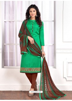Jade Green Cotton Embroidered Churidar Suit