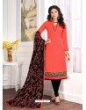 Tomato Red Cotton Embroidered Churidar Suit