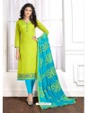Parrot Green Cotton Embroidered Churidar Suit
