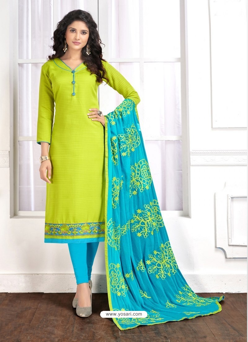 Buy Parrot Green Cotton Embroidered Churidar Suit | Churidar Salwar Suits